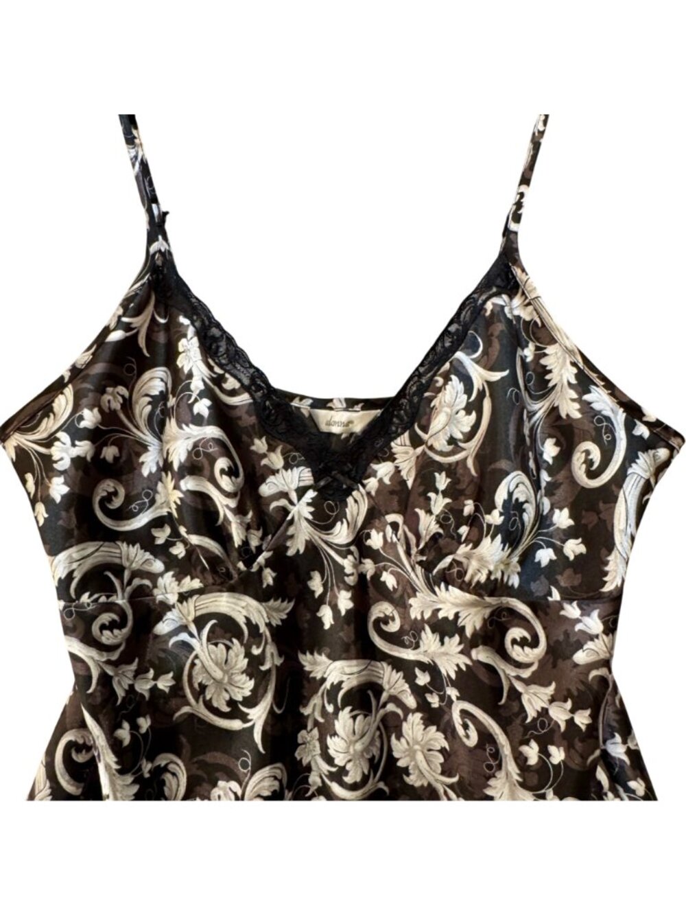 Adonna Black Silver Floral Slip Dress Satin Size M Whimsygoth Coquette Tie Back - Picture 4 of 9